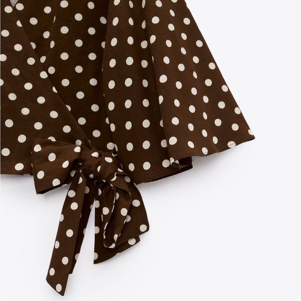 NWT. Zara Brown/Cream Polka Dots Crop Top with Bow. Size L. - Picture 7 of 12
